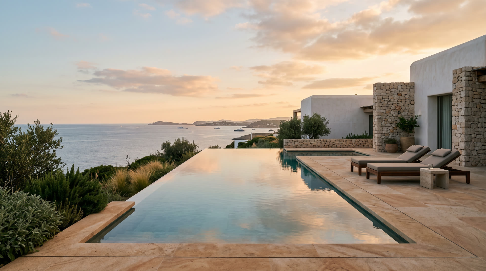 Villa infinity pool at golden hour